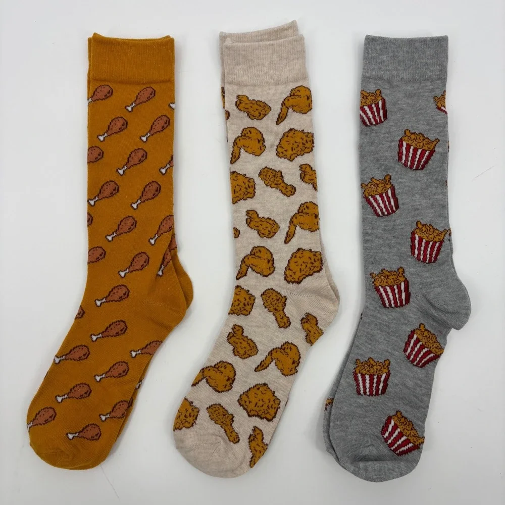 Mens Fried‎ Chicken Novelty Crew Socks 3 Pack Yellow Cream Grey Graphic Funny